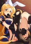  1girl animal_ears black_gloves black_necktie blonde_hair blue_dress blue_eyes blurry blush breasts cleavage clenched_hand cuffs depth_of_field dot_nose dress elbow_gloves fake_animal_ears feet garter_straps gloves goma_konbu gradient_background handcuffs highres idolmaster idolmaster_million_live! idolmaster_million_live!_theater_days knees_up large_breasts long_hair looking_at_viewer mouth_hold necktie necktie_in_mouth rabbit_ears shinomiya_karen short_sleeves simple_background sitting solo thighhighs torn_clothes torn_thighhighs 