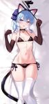  1girl animal_ears ass_visible_through_thighs bed_sheet bell bikini black_bikini black_choker black_gloves blue_eyes blue_hair blush bra breasts cat_ears cat_tail cat_teaser choker dakimakura_(medium) elbow_gloves fake_animal_ears feet_out_of_frame frilled_bra frills gloves heart heart-shaped_pupils heavy_breathing heiyan_shenshi highres holding holding_stick hololive hoshimachi_suisei looking_at_viewer lying medium_breasts naughty_face navel neck_bell on_back on_bed open_mouth panties paw_pose side-tie_panties side_ponytail sidelocks solo stick swimsuit symbol-shaped_pupils tail thighhighs underwear virtual_youtuber wavy_hair white_thighhighs 