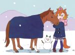  1girl animal_ears coat crown horse_ears horse_girl mountain smile snow snowman t.m._opera_o_(racehorse) t.m._opera_o_(umamusume) tansu umamusume 
