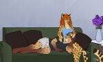 2023 aidan_(sryer) anthro brown_hair clothed clothing cuddling duo eurasian_lynx eyewear felid feline female furniture glasses hair kayla_mendez leopard lynx male male/female mammal orange_hair pantherine sinalanf sofa