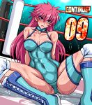  1girl abs bare_shoulders breasts bruise bruise_on_face bruised_chest collarbone continue countdown gameplay_mechanics highres injury large_breasts long_hair looking_at_viewer mighty_yukiko muscular muscular_female on_floor open_mouth pink_hair purple_eyes retro_artstyle shaded_face shiny_skin sitting solo spiked_hair sweat taroimo_(00120014) tongue wrestle_angels wrestling wrestling_boots wrestling_outfit wrestling_ring 