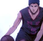  1boy aomine_daiki ball basketball basketball_uniform blue_eyes blue_hair collarbone commentary_request dark-skinned_male dark_skin furrowed_brow holding holding_ball kuroko_no_basuke looking_at_viewer male_focus parted_lips short_hair shorts solo sportswear toned toned_male xuan_zhi_yue_ying 
