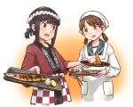  2girls anchor_symbol apron black_hair black_shirt blue_sailor_collar brown_eyes brown_hair clothes_writing fish fubuki_(kancolle) fubuki_kai_ni_(kancolle) green_eyes hachimaki happi headband highres japanese_clothes kantai_collection kappougi karasu_(naoshow357) low_ponytail low_twintails medium_hair multiple_girls nejiri_hachimaki ponytail sailor_collar saury school_uniform serafuku shirayuki_(kancolle) shirt short_ponytail sidelocks twintails upper_body 