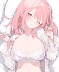  1girl bed_sheet blush breasts cleavage collarbone commentary_request fujiyama highres large_breasts looking_at_viewer navel one_eye_closed original pink_eyes pink_hair solo stomach 