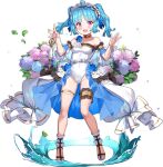  1girl :d ahoge ankle_cuffs ark_order artist_request bangs bare_shoulders blue_bow blue_flower blue_hair blush bow bracelet breasts choker clotho_(ark_order) detached_sleeves flower hair_bow holding hydrangea jewelry leaf leg_garter leotard maid_headdress medium_hair official_art open_mouth pink_eyes sandals short_sleeves sidelocks skirt small_breasts smile solo spool tachi-e thighlet thread transparent_background twintails water white_leotard white_skirt 