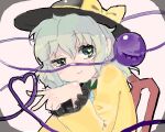  1girl artist_request bad_drawr_id bad_id black_headwear blouse blush bow chair closed_mouth eyeball frilled_sleeves frills green_eyes grey_hair hair_between_eyes half-closed_eye hand_up hat hat_bow heart heart_in_eye heart_of_string jaggy_lines komeiji_koishi long_sleeves looking_at_viewer medium_hair oekaki on_chair pink_background shiny_skin shirt smile solo symbol_in_eye third_eye touhou uneven_eyes upper_body v wide_sleeves wooden_chair yellow_bow yellow_shirt 