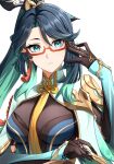  1girl adjusting_eyewear aqua_eyes black_hair breasts cloud_retainer_(genshin_impact) colored_inner_hair expressionless genshin_impact glasses gloves green_hair hair_ornament hand_on_eyewear highres large_breasts long_hair looking_at_viewer multicolored_hair red-framed_eyewear semi-rimless_eyewear solo tassel two-tone_hair upper_body very_long_hair xianyun_(genshin_impact) zack_(z_kuu0720) 