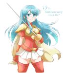  1girl absurdres anniversary aogaeru_(pixiv46613656) aqua_eyes aqua_hair armor boots breastplate closed_mouth dated earrings eirika_(fire_emblem) fingerless_gloves fire_emblem fire_emblem:_the_sacred_stones gloves highres holding holding_sword holding_weapon jewelry long_hair looking_at_viewer red_footwear red_gloves red_shirt shirt shoulder_armor skirt smile solo sword thigh_boots weapon white_background white_skirt 