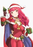  1girl blue_cape bodysuit breasts cape christmas cleavage covered_navel cowboy_shot facial_mark fire_emblem fire_emblem_engage fire_emblem_heroes gift hair_ornament hat highres holding holding_gift holly_hair_ornament large_breasts multicolored_cape multicolored_clothes official_alternate_costume red_bodysuit red_cape santa_hat simple_background smile solo star_(symbol) star_facial_mark star_hair_ornament star_print takaneko two-tone_cape white_background yunaka_(fire_emblem) yunaka_(fire_emblem)_(spirited_envoy) 