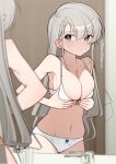  1girl artist_name bare_arms bare_shoulders blue_bow blurry blurry_foreground blush bow bow_bra bow_panties bra braid braided_bangs breasts cleavage closed_mouth collarbone commentary_request commission cowboy_shot door earrings english_commentary faucet floral_print grey_eyes grey_hair groin hair_between_eyes hands_on_own_breasts hands_up highres hisakawa_hayate idolmaster idolmaster_cinderella_girls indoors jewelry large_breasts long_hair looking_at_self mirror mixed-language_commentary navel oekaki_machine panties print_panties raised_eyebrows reflection sidelocks sink skeb_commission soap_bottle solo standing stomach sweatdrop translation_request underwear underwear_only very_long_hair white_bra white_panties 