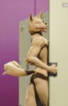 3d_(artwork) anthro canid canine canis digital_media_(artwork) dodger_akame_(artist) domestic_dog furloid locker locker_room looking_at_viewer male mammal mmd muscular muscular_anthro nude sou_notamine surprised_expression utau