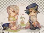  2024 2girls agent_3_(splatoon) agent_8_(splatoon) blonde_hair blue_headwear bodysuit brown_eyes closed_mouth commentary earrings gradient_hair grey_background grey_hair hat headphones hoop_earrings horrorboros hug inkling inkling_girl jewelry long_hair medium_hair military_hat miyashiro multicolored_hair multiple_girls octoling octoling_girl octopus salmon_run_(splatoon) seiza sitting sleeveless sleeveless_bodysuit splatoon_(series) splatoon_3 splatoon_3:_side_order squid sweat tentacle_hair two-tone_hair white_bodysuit yellow_eyes 