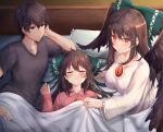  1boy 2girls bangs bed blouse blush bow breasts brown_eyes brown_hair closed_eyes closed_mouth collar eyebrows_visible_through_hair family father_and_daughter green_bow grey_shirt grey_sleeves hair_between_eyes hand_up hetero highres holding husband_and_wife jewelry kokuu_haruto light long_hair long_sleeves looking_at_another lying medium_breasts mother_and_daughter multiple_girls pillow pink_shirt pink_sleeves red_eyes reiuji_utsuho ring shadow shirt short_hair short_sleeves sleeping smile t-shirt torottye touhou wall wedding_ring white_blouse white_sleeves wings 