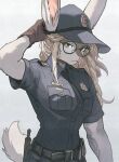  1girl absurdres adjusting_clothes adjusting_headwear animal_ears arm_tattoo belt black-framed_eyewear black_necktie blonde_hair blue_headwear blue_shirt breast_pocket buttons collared_shirt furry furry_female glasses gloves grey_background grey_eyes hat highres long_hair necktie original pocket police police_uniform rabbit_ears rabbit_girl rabbit_tail round_eyewear shirt shirt_tucked_in short_sleeves simple_background solo tail tattoo tomochiso uniform utility_belt 