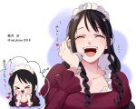  &gt;_&lt; 2girls artist_name baby_5 black_hair blush cigarette closed_eyes commentary_request dual_persona hair_ornament happy heart highres long_hair maid_headdress multiple_girls natsuki_shio one_piece open_mouth smile teeth translation_request 