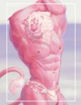 abs absurd_res anthro arms_above_head body_hair bublelery bulge clothed clothing crossdressing eyes_closed felid hands_behind_head happy_trail hi_res lion male mammal muscular muscular_male pantherine pecs pinup pose simple_background solo