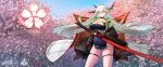  1girl absurdres armor asymmetrical_horns azur_lane black_coat black_gloves blue_sky breasts brown_sash character_name cherry_blossoms cleavage coat copyright_name dress floating_hair flower gloves hakuryuu_(azur_lane) highres holding holding_sword holding_weapon horns huge_breasts huge_filesize incredibly_absurdres japanese_armor katana long_hair mr-mc ootachi outdoors petals pink_flower pleated_dress sakura_empire_(emblem) sakuramon sheath sheathed skindentation sky solo suneate sword thigh_strap tree very_long_hair weapon white_eyes white_hair world_of_warships 