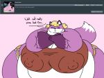 2018 4:3 anthro areola areola_outline ask_blog batspid2 belly big_areola big_belly big_breasts black_eyebrows black_eyelashes black_nose bottomwear breasts brown_clothing brown_topwear canid canine cleavage clothed clothing crop_top crossed_arms dialogue digital_drawing_(artwork) digital_media_(artwork) ear_markings english_text eva_(batspid2) eyebrow_through_hair eyebrows eyes_closed female flabby_arms flat_colors fox front_view frown fur glistening glistening_nose gloves_(marking) gym_bottomwear gym_clothing gym_shorts hair huge_areola huge_breasts hyper hyper_areola hyper_belly hyper_breasts hyper_hips hyper_nipples love_handles mammal markings mature_anthro mature_female morbidly_obese morbidly_obese_anthro morbidly_obese_female multicolored_body multicolored_fur nipple_outline nipples obese obese_anthro obese_female orange_bottomwear orange_clothing overweight overweight_anthro overweight_female pink_background pink_body pink_fur purple_body purple_fur shirt shorts simple_background solo tail tail_markings tail_tuft text tight_clothing tight_topwear topwear translucent translucent_hair tuft white_body white_fur