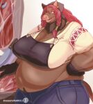 absurd_res anthro artist_name belly big_breasts breasts brown_body brown_fur cleavage cleaver_(knife) clothed clothing curvy_figure cutlery ear_piercing ear_ring ears_up female food fur glistening glistening_body gloves hair handwear hi_res huge_breasts kitchen_knife kitchen_utensils knife long_hair looking_at_viewer mammal meat midriff navel open_mouth overweight overweight_female piercing pubes red_hair ring_piercing sasanoha6011 simple_background smile solo standing suid suina sus_(pig) tools voluptuous white_background wild_boar
