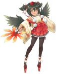  1girl artist_request black_hair black_thighhighs black_wings blush bow brown_eyes detached_sleeves feathered_wings full_body game_cg geta hair_between_eyes hand_fan hauchiwa holding holding_fan looking_at_viewer monster_musume_no_iru_nichijou monster_musume_no_iru_nichijou_online official_art open_mouth pointy_ears red_bow red_skirt shizuka_(monster_musume) short_hair short_twintails side-tie_thighhighs skirt solo tachi-e tengu-geta thighhighs transparent_background twintails wide_sleeves wings zettai_ryouiki 