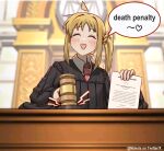  1girl blonde_hair bocchi_the_rock! courtroom english_text gavel highres holding holding_paper ijichi_nijika judge judge_robe myjet necktie paper side_ponytail smile solo 