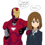  1boy 1girl armor black_jacket brown_eyes brown_hair closed_mouth commentary crossover dot_mouth dot_nose english_commentary english_text hair_ornament hairclip hand_on_another&#039;s_shoulder highres hirasawa_yui i_think_we&#039;re_gonna_have_to_kill_this_guy_steven_(meme) iron_man iron_man_(series) jacket k-on! marvel meme mixed-language_text power_armor sakuragaoka_high_school_uniform school_uniform short_hair simple_background speech_bubble superhero the_freakin_yui translated upper_body white_background 