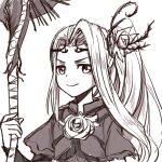  1girl commentary_request flower hair_flower hair_ornament holding holding_staff kid_icarus kid_icarus_uprising long_hair looking_at_viewer sketch smile smug solo staff tebasaki_(torino_029) upper_body viridi 