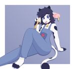 &lt;3 absurd_res anthro blue_body blue_eyes blue_fur blue_hair blue_spots bovid bovine cattle clothed clothing cowbell dessert food fur girly hair hi_res ice_cream looking_at_viewer male mammal max_draws open_mouth oreo_(max_draws) overalls overalls_only simple_background sitting smile solo spots spotted_body spotted_fur white_body white_fur