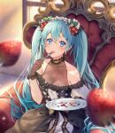  1girl bangs black_dress blue_eyes blue_hair blurry blurry_foreground blush breasts chocolate cleavage collarbone commentary dress english_commentary eyebrows_visible_through_hair fishnet_gloves fishnets food fork fruit gloves hair_between_eyes hatsune_miku headdress holding holding_fork holding_plate kyashii_(a3yu9mi) long_hair looking_at_viewer medium_breasts open_mouth plate sitting solo strawberry throne twintails very_long_hair vocaloid 