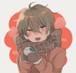  1boy black_hair blue_eyes blush bow brown_coat brown_mittens coat earmuffs ensemble_stars! fang green_scarf heterochromia highres kagehira_mika long_sleeves male_focus mittens multicolored_clothes multicolored_scarf nahso3h open_mouth plaid plaid_scarf red_scarf scarf scarf_bow short_hair smile snow_rabbit solo yellow_eyes 