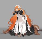  1girl black_footwear blood blood_on_clothes blood_on_ground bow broom dress frilled_dress frilled_sleeves frills hair_bow headband highres ishmael_(project_moon) limbus_company long_hair maid maid_headdress orange_hair project_moon shiqicheng slippers tagme tentacles wavy_hair 