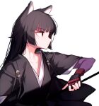  1girl absurdres animal_ears arknights beudelb black_hair black_shirt commentary dog_ears fingerless_gloves gloves highres korean_commentary long_hair looking_to_the_side purple_gloves purple_sleeves red_eyes saga_(arknights) shirt simple_background solo upper_body white_background 