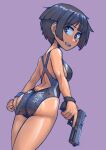 1girl ass black_eyes black_hair bob_cut borrowed_character breasts character_name clothes_pull competition_swimsuit cowboy_shot dutch_angle erica_(naze1940) from_behind g31_(jarv) glock gun handgun highres holding holding_weapon looking_back medium_breasts one-piece_swimsuit one-piece_swimsuit_pull open_mouth original purple_background short_hair sideboob simple_background smile solo swimsuit tan tanlines teeth trigger_discipline upper_teeth_only weapon wet wristband 