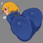  ! 1girl ass ass_focus bent_over black_eyes blonde_hair blue_jumpsuit blush collar english_commentary fallout_(series) fallout_4 grey_background highres huge_ass jumpsuit long_sleeves looking_at_viewer looking_back open_clothes short_hair simple_background solo spoken_exclamation_mark vault_girl vault_suit waa153 