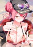  1girl absurdres baseball_cap bikini black_headwear black_jacket blush breasts cleavage eyewear_on_head gold_necklace gurumie hair_bun hat heart heart-shaped_eyewear heart_necklace heterochromia highres hololive houshou_marine houshou_marine_(summer) jacket jewelry large_breasts long_hair looking_at_viewer lotion necklace official_alternate_costume red_bikini red_eyes red_jacket sand single_hair_bun solo sunglasses sunscreen swimsuit thigh_strap tongue tongue_out two-sided_fabric two-sided_jacket virtual_youtuber yellow_eyes 