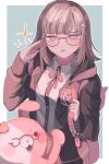  1girl backpack bag black_shirt border bow breasts brown_jacket d: danganronpa_(series) danganronpa_2:_goodbye_despair dress_shirt ear_bow galaga glasses green_background hair_ornament highres ibushi_(kuyuru_29) jacket large_breasts long_sleeves medium_hair monomi_(danganronpa) nanami_chiaki neck_ribbon open_clothes open_jacket pink_bag pink_eyes pink_ribbon red-framed_eyewear ribbon shirt solo upper_body white_border white_shirt 