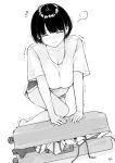  1girl absurdres bob_cut breasts cleavage closed_eyes flying_sweatdrops greyscale highres monochrome original shirt short_hair short_shorts shorts solo suitcase t-shirt takenoko_no_you trembling 