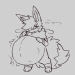 ambiguous_gender anthro belly big_belly big_tail eevee english_text generation_1_pokemon hi_res monochrome nintendo pokemon pokemon_(species) same_size_vore solo tail text transtorracat volt_(transtorracat) vore