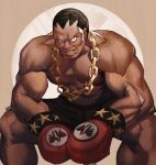  1boy absurdres balrog_(street_fighter) black_hair black_shorts boxing_shorts buzz_cut caprara chain chain_necklace constricted_pupils dark-skinned_male dark_skin english_commentary furrowed_brow gloves gold_chain highres jewelry lips male_focus muscular muscular_male necklace nose pectorals red_gloves short_hair shorts sitting solo star_(symbol) street_fighter sweat topless_male very_dark_skin very_short_hair 