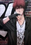  1boy against_wall alternate_costume black_gloves black_jacket blood brick_wall closed_mouth cuts eyebrows fingerless_gloves frown gloves graffiti highres hood hood_down hooded_jacket injury jacket kagami_taiga kuroko_no_basuke looking_at_viewer male_focus open_clothes open_jacket print_shirt red_eyes red_hair ring_necklace shadow shirt short_hair solo white_shirt xuan_zhi_yue_ying 
