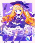  1girl blonde_hair blue_eyes boots cane dress full_body highres holding holding_cane original purple_dress purple_footwear saijo1201 square_background twintails two-tone_background 