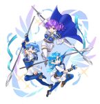  3girls armor blue_armor blue_cape blue_shirt blue_thighhighs breastplate cape fire_emblem fire_emblem:_the_binding_blade highres holding holding_polearm holding_weapon juno_(fire_emblem) looking_at_viewer multiple_girls open_mouth polearm shanna_(fire_emblem) shirt siblings sisters skirt smile thea_(fire_emblem) thighhighs tsukimura_(d24f4z8j3t) weapon white_shirt white_skirt 
