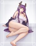  antlers artist_name ass bare_shoulders barefoot bell blunt_bangs breasts candy candy_cane dress fern_(sousou_no_frieren) food hair_bell hair_ornament large_breasts looking_at_viewer mystra77 panties purple_eyes purple_hair sousou_no_frieren straight_hair underwear white_dress white_panties 