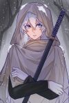  1boy aged_down bizhiyouran blue_eyes coat cold devil_may_cry_(series) hair_down highres holding holding_sword holding_weapon katana long_hair looking_at_viewer male_focus snow snow_on_head snowing solo sword vergil_(devil_may_cry) weapon white_hair winter winter_clothes yamato_(sword) 