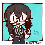  1girl black_hair blazer blue_background blush_stickers border bow braid cevio character_name chibi commentary_request cropped_torso glasses green_necktie green_sweater hair_bow hanakuma_chifuyu highres index_finger_raised jacket kuron_(uhhr2odhrppc5nw) long_hair long_sleeves looking_at_viewer low_twin_braids necktie open_mouth outside_border semi-rimless_eyewear simple_background solo sweater synthesizer_v translation_request twin_braids white_border white_bow |_| 