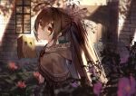  1girl 1other absurdres ahoge backlighting black_hair blurry blurry_foreground brick_wall brown_capelet brown_cloak brown_hair capelet cloak commentary dappled_sunlight expressionless feather_hair_ornament feathers flower friend_(nanashi_mumei) gloves hair_between_eyes hair_ornament hairclip hieroglyphics highres hololive hololive_english light_frown long_hair looking_at_viewer multicolored_hair muted_color nanashi_mumei nanashi_mumei_(1st_costume) outdoors partially_fingerless_gloves pink_flower ponytail shadow shirt sidelocks streaked_hair sunlight upper_body very_long_hair virtual_youtuber white_hair white_shirt window yellow_eyes yu_hydra 