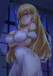  1girl :&lt; absurdres bangs bare_shoulders blonde_hair blurry blurry_background blush breast_hold breasts cleavage closed_mouth collarbone covered_navel cowboy_shot crossed_arms curtains depth_of_field detached_sleeves dress eyebrows_visible_through_hair highres indoors large_breasts long_hair looking_at_viewer night nijisanji pink_eyes puffy_short_sleeves puffy_sleeves short_sleeves sky solo star_(sky) starry_sky strapless strapless_dress takamiya_rion try_(lsc) v-shaped_eyebrows very_long_hair virtual_youtuber white_dress window 