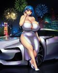  1girl absurdres adjusting_hair belly blunt_bangs blush breasts car cityscape cleavage cleavage_cutout clothing_cutout collarbone dress erkaz fireworks full_body happy_new_year high_heels highres legs looking_at_viewer motor_vehicle night original red_eyes reflection rina_atherina shiny_clothes shiny_skin short_hair side_slit sitting skyline smile solo sports_car strapless strapless_dress thick_thighs thighs white_dress white_footwear 
