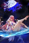  1girl bare_shoulders barefoot blush breasts closed_mouth elysia_(herrscher_of_human:ego)_(honkai_impact) elysia_(honkai_impact) feet hair_ornament highres honkai_(series) honkai_impact_3rd large_breasts long_hair looking_at_viewer misaka_12003-gou pink_hair purple_eyes sitting smile soles solo thighs toes water 