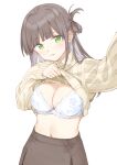  1girl blunt_bangs blush bra breasts brown_hair brown_skirt cleavage closed_mouth embarrassed floral_print green_eyes hand_up highres lace-trimmed_bra lace_trim large_breasts long_sleeves maigoyaki midriff navel one_side_up original parted_bangs pov puffy_long_sleeves puffy_sleeves reaching reaching_towards_viewer simple_background single_hair_ring skirt sleeves_past_wrists solo sweater turtleneck turtleneck_sweater underwear upper_body white_background white_bra yellow_sweater 